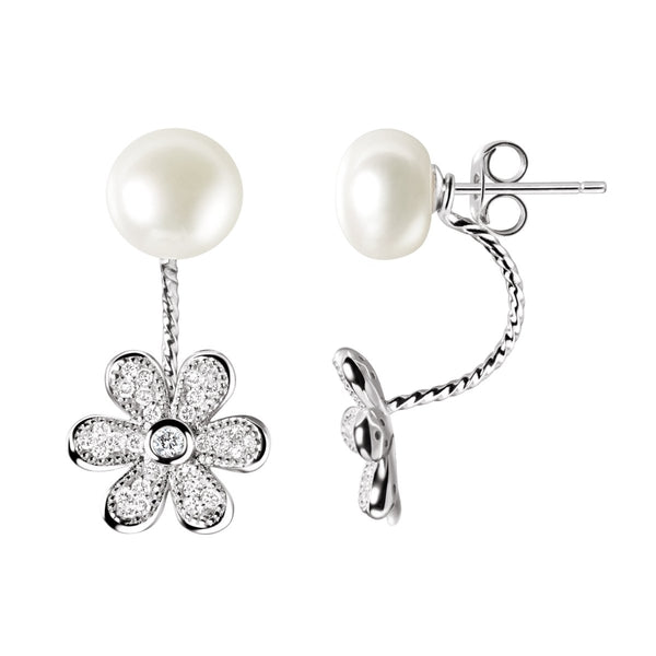 Dainty White Natural Pearl Flower Earring Cuff With CZ & Sterling Silver - Franki Baker Jewellery