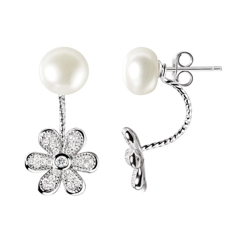 Dainty White Natural Pearl Flower Earring Cuff With CZ & Sterling Silver - Franki Baker Jewellery