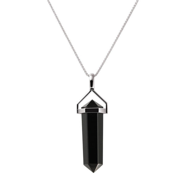 Double Point Long Black Agate Pendant on Sterling Silver Chain - Franki Baker Jewellery