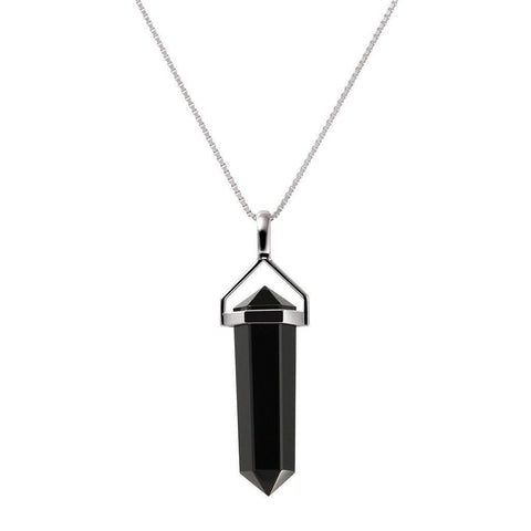 Double Point Long Black Agate Pendant on Sterling Silver Chain - Franki Baker Jewellery