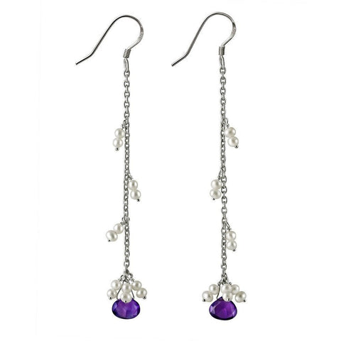 Faceted Amethyst and Champagne Pearl on Silver Chain Drop Earrings - Franki Baker Jewellery