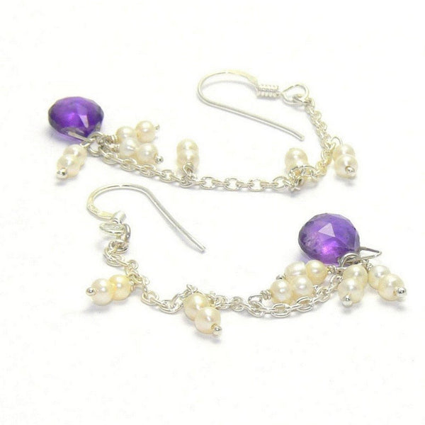 Faceted Amethyst and Champagne Pearl on Silver Chain Drop Earrings - Franki Baker Jewellery