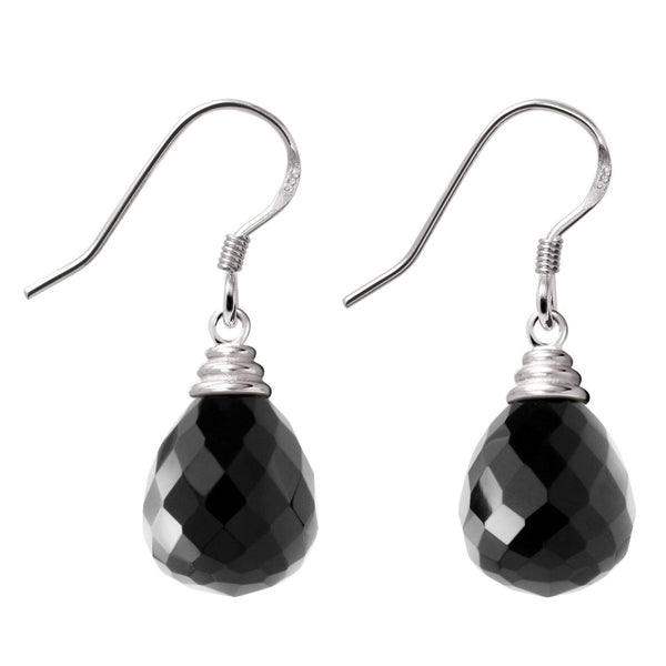 Faceted Briolette Pear Shaped Black Agate Sterling Silver Earrings - Franki Baker Jewellery