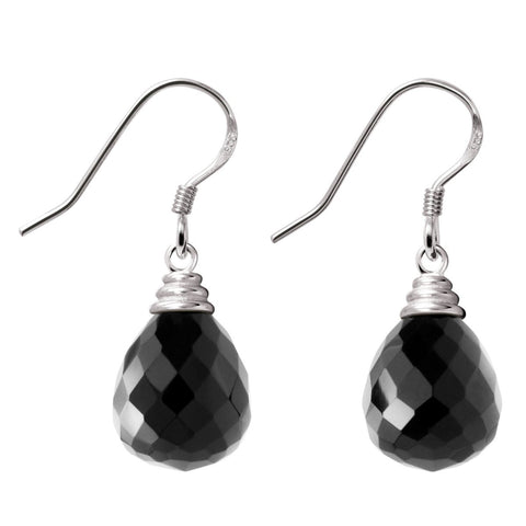 Faceted Briolette Pear Shaped Black Agate Sterling Silver Earrings - Franki Baker Jewellery