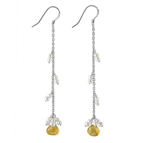Faceted Citrine and Pearl Silver Chain Drop Earrings - Franki Baker Jewellery