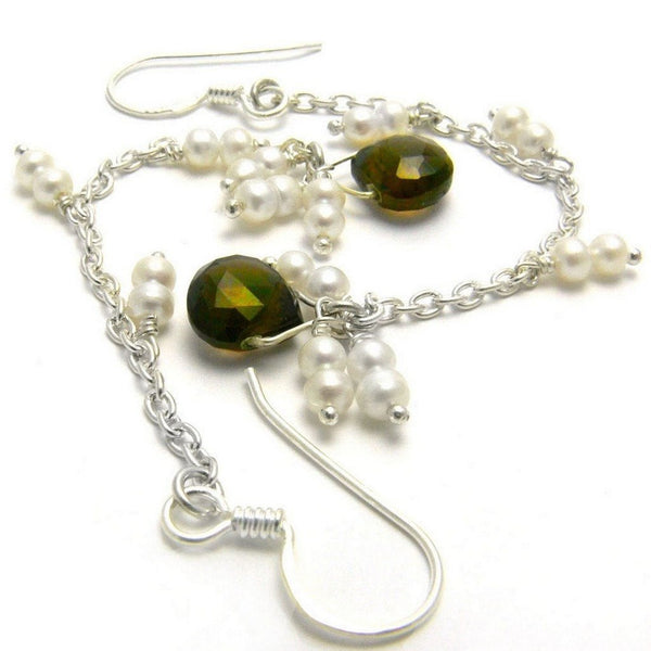 Faceted Smoky Quartz and Pearls on Silver Chain Drop Earrings - Franki Baker Jewellery
