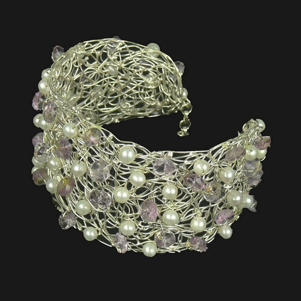 Fine Sterling Silver Wire Cuff Bracelet with Amethysts and Pearls - Franki Baker Jewellery