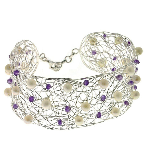 Fine Sterling Silver Wire Cuff Bracelet with Amethysts and Pearls - Franki Baker Jewellery