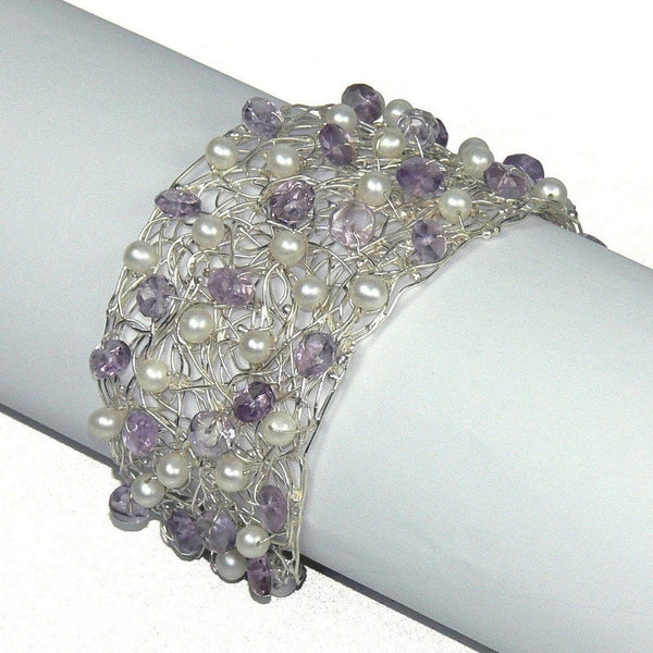 Fine Sterling Silver Wire Cuff Bracelet with Amethysts and Pearls - Franki Baker Jewellery