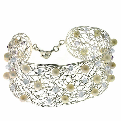 Fine Sterling Silver Wire Cuff Bracelet with Chalcedony and Pearls - Franki Baker Jewellery