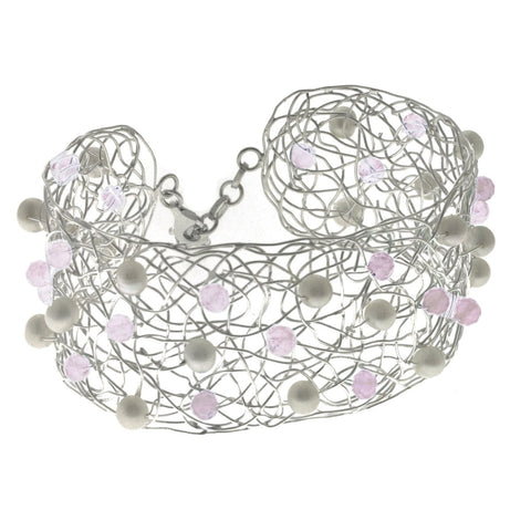 Fine Sterling Silver Wire Cuff Bracelet with Rose Quartz and Pearls - Franki Baker Jewellery