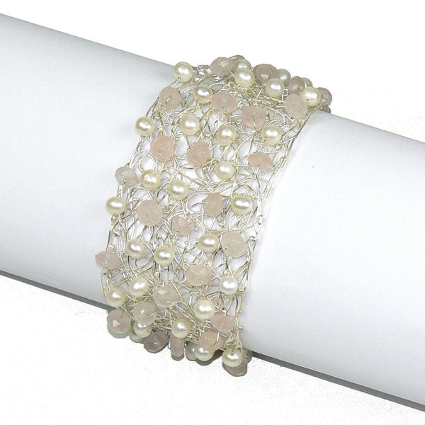 Fine Sterling Silver Wire Cuff Bracelet with Rose Quartz and Pearls - Franki Baker Jewellery
