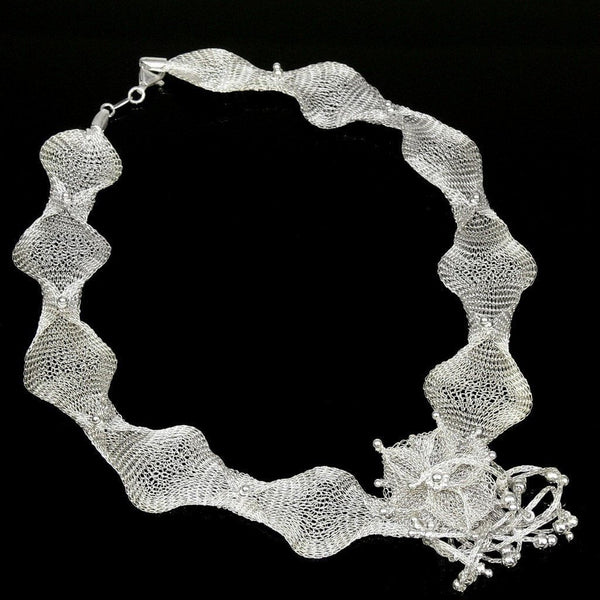 Finely Woven Sterling Silver Wire Mesh Necklace with Flower Detail - Franki Baker Jewellery