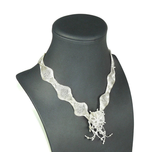 Finely Woven Sterling Silver Wire Mesh Necklace with Flower Detail - Franki Baker Jewellery