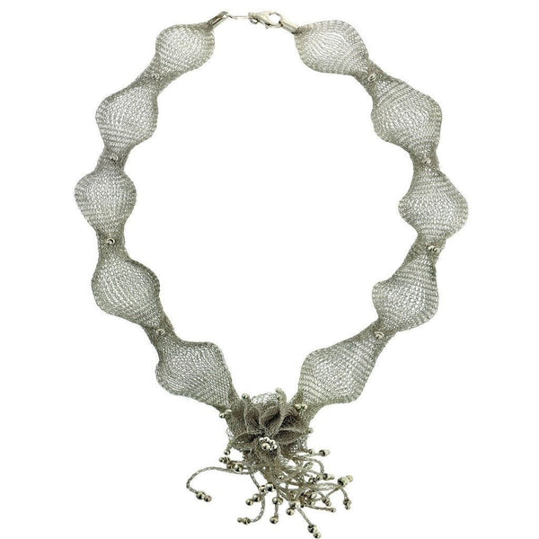Finely Woven Sterling Silver Wire Mesh Necklace with Flower Detail - Franki Baker Jewellery