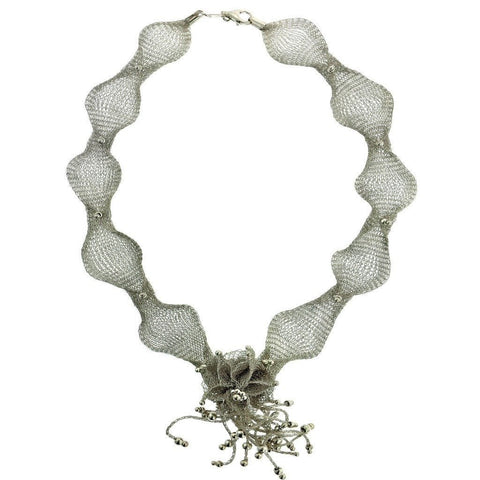 Finely Woven Sterling Silver Wire Mesh Necklace with Flower Detail - Franki Baker Jewellery