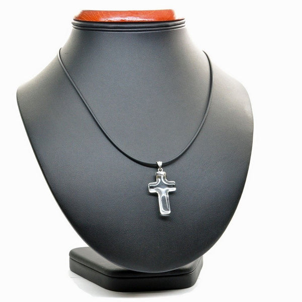 Rock Crystal and Silver Cross Pendant on Free Rubber Necklace - Franki Baker Jewellery