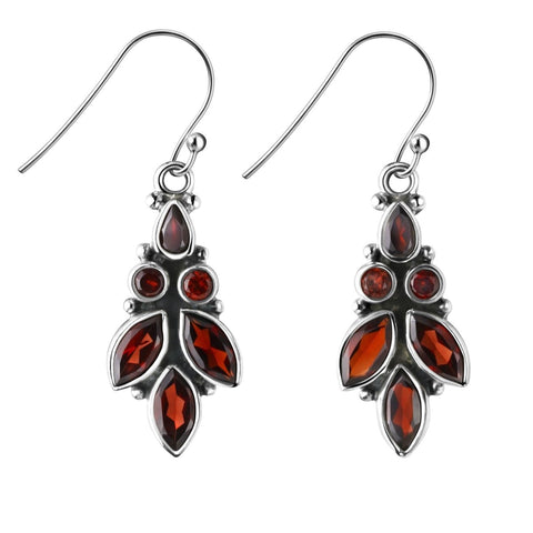 Garnet and Sterling Silver Leaf Design Drop Earrings - Franki Baker Jewellery