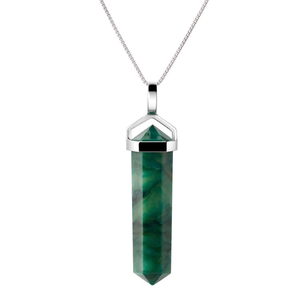 Green African Jade Gemstone Double Point Pendant Necklace on 925 Sterling Silver Box Chain