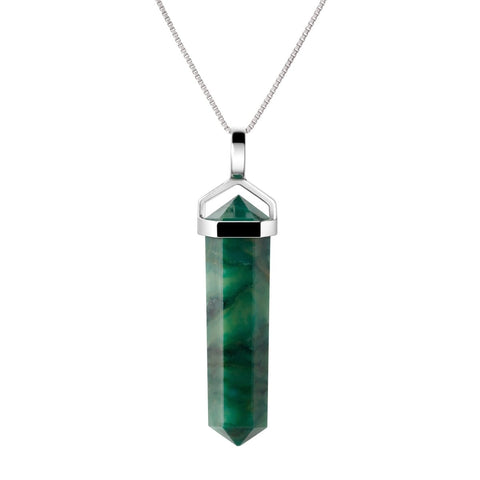 Green African Jade Gemstone Double Point Pendant Necklace on 925 Sterling Silver Box Chain