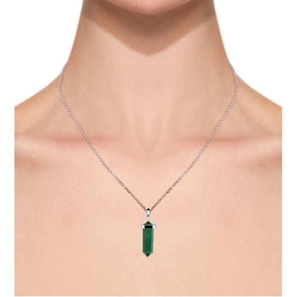 Green Aventurine Gemstone Double Point Pendant Necklace on 925 Sterling Silver Box Chain