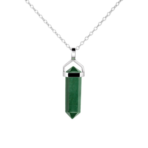 Green Aventurine Gemstone Double Point Pendant Necklace on 925 Sterling Silver Box Chain