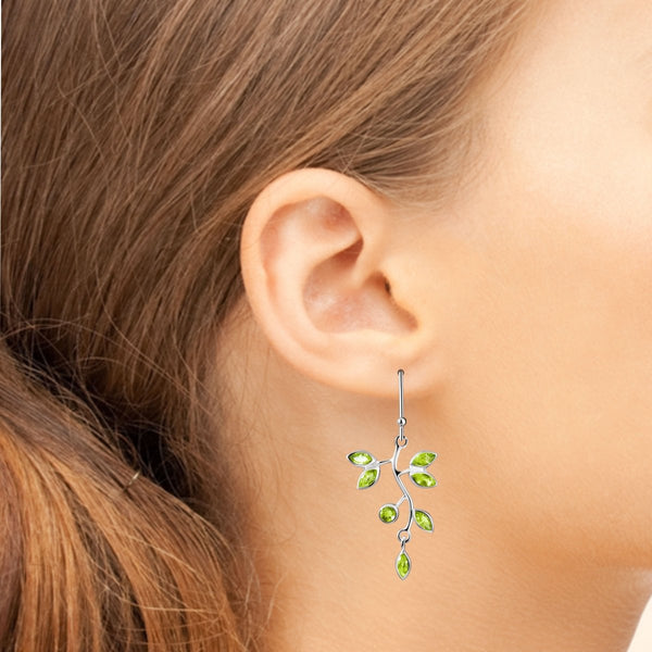 Green Peridot Gemstone and Sterling Silver Vine Leaf Drop Earrings