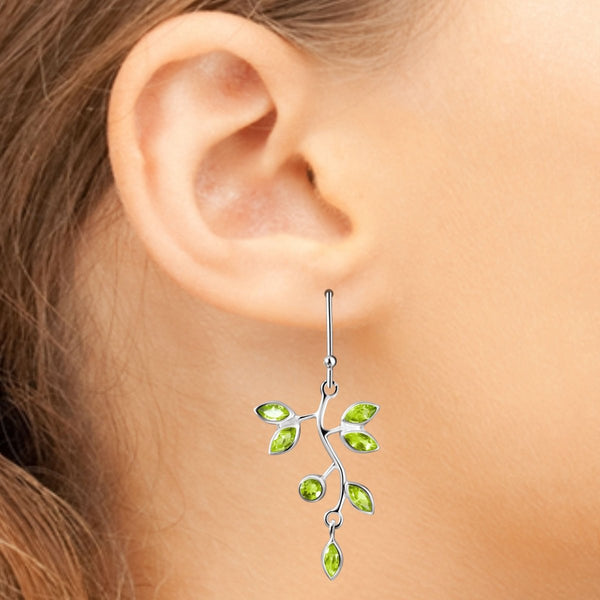 Green Peridot Gemstone and Sterling Silver Vine Leaf Drop Earrings