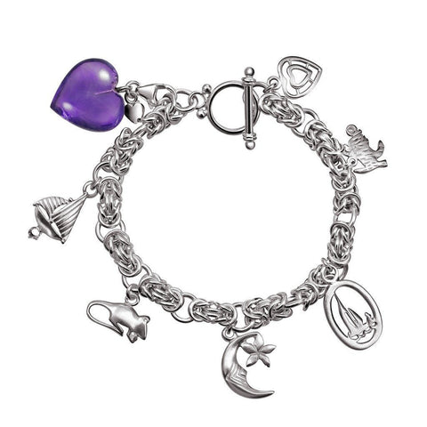Hallmarked Sterling Silver Charm Bracelet with Amethyst Heart Charm - Franki Baker Jewellery