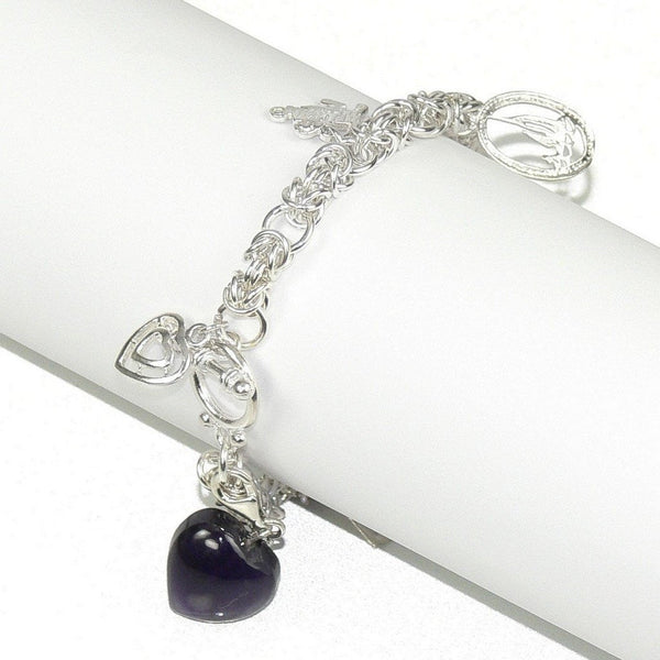 Hallmarked Sterling Silver Charm Bracelet with Amethyst Heart Charm - Franki Baker Jewellery