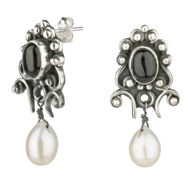 Handcrafted Silver and Black Onyx Vintage Look Earrings with Pearl Drop - Franki Baker Jewellery