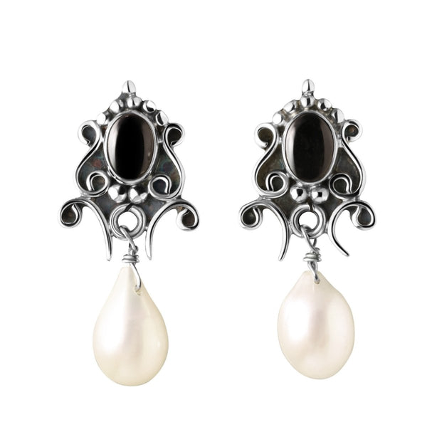 Handcrafted Silver and Black Onyx Vintage Look Earrings with Pearl Drop - Franki Baker Jewellery