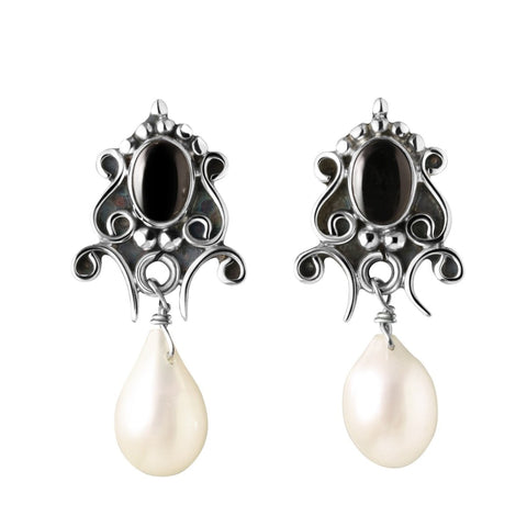 Handcrafted Silver and Black Onyx Vintage Look Earrings with Pearl Drop - Franki Baker Jewellery