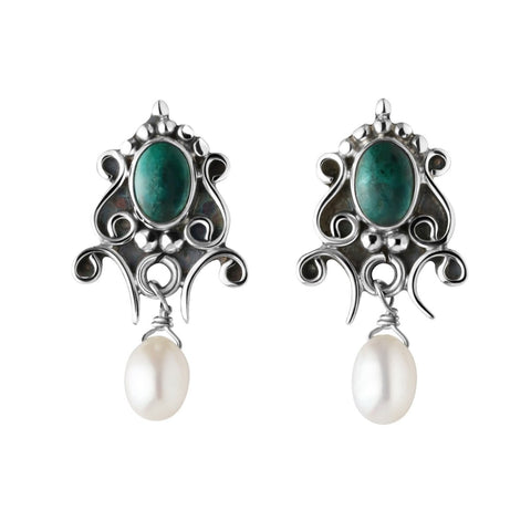 Handcrafted Silver and Green Chrysocolla Vintage Look Earrings with Pearl Drop - Franki Baker Jewellery