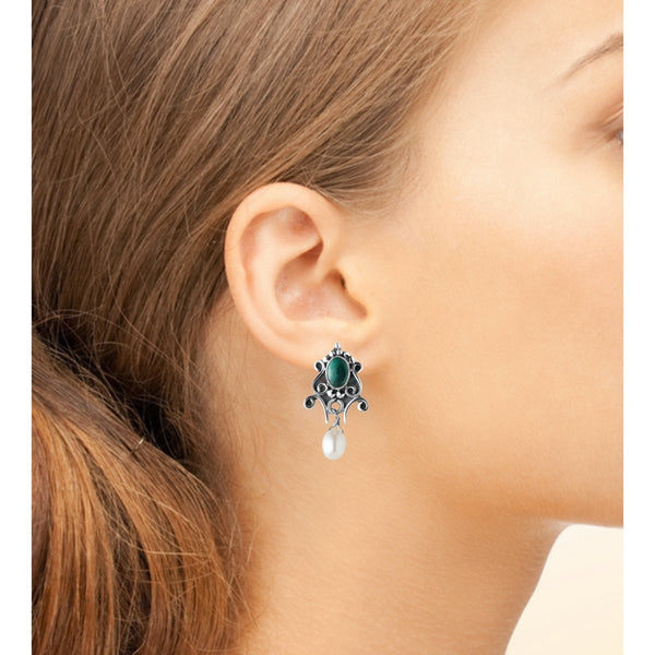 Handcrafted Silver and Green Chrysocolla Vintage Look Earrings with Pearl Drop - Franki Baker Jewellery