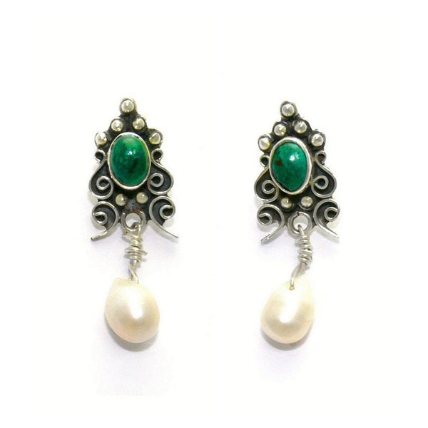 Handcrafted Silver and Green Chrysocolla Vintage Look Earrings with Pearl Drop - Franki Baker Jewellery