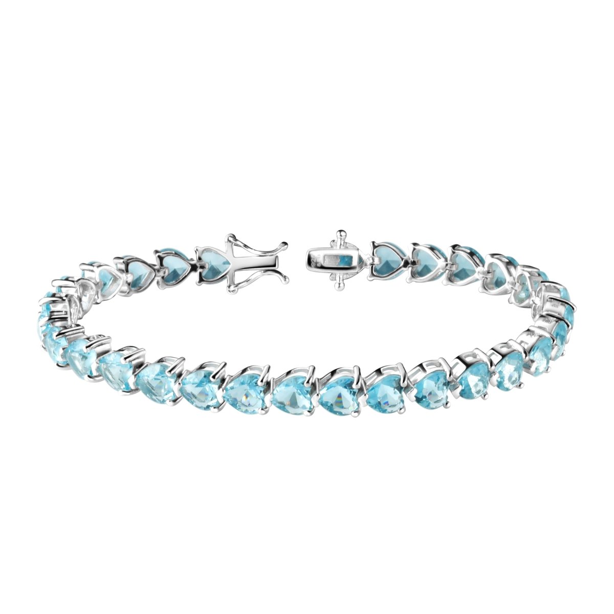 Heart Shaped Aquamarine CZ Sterling Silver Tennis Bracelet