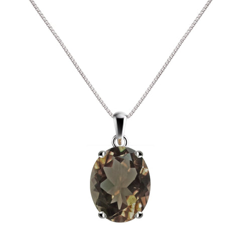 Large Natural Smoky Quartz Gemstone & Sterling Oval Pendant Necklace. Pendant Length: 2cm. Chain Length: 50cm