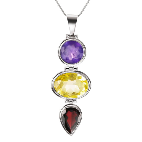 Large Natural Statement Amethyst, Citrine & Garnet Pendant on Silver Chain Necklace