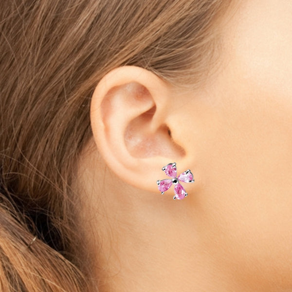 Large Silver and Pink Cubic Zirconia Flower Petal Stud Earrings - Franki Baker Jewellery