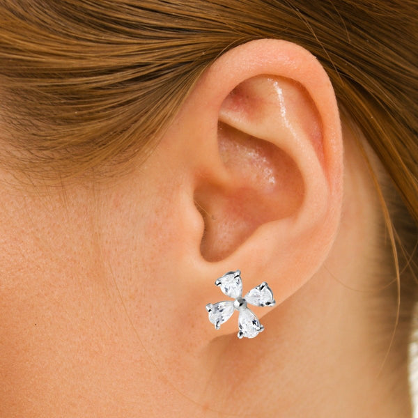 Large Sterling Silver and Cubic Zirconia Flower Petal Stud Earrings - Franki Baker Jewellery