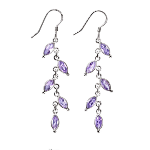 Leaf Shaped Amethyst Silver Chain Drop Earrings - Franki Baker Jewellery