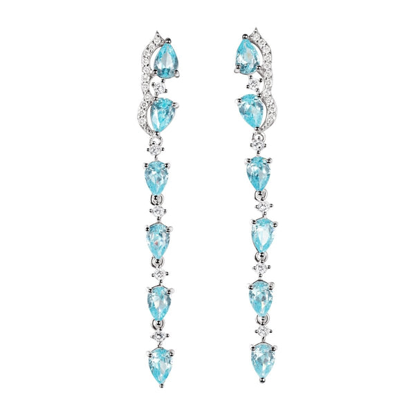 Long Blue Topaz & Diamond CZ Sterling Silver Drop Earrings. Length: 6cm - Franki Baker Jewellery