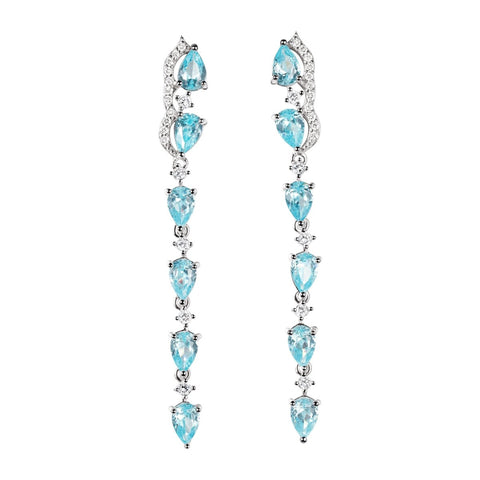 Long Blue Topaz & Diamond CZ Sterling Silver Drop Earrings. Length: 6cm - Franki Baker Jewellery