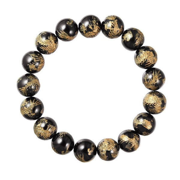 Lucky Gold Dragon Carved on Black Agate Expanding Bracelet - Franki Baker Jewellery