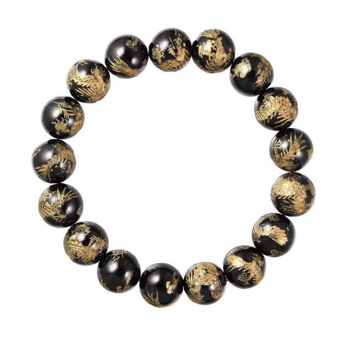 Lucky Gold Dragon Carved on Black Agate Expanding Bracelet - Franki Baker Jewellery