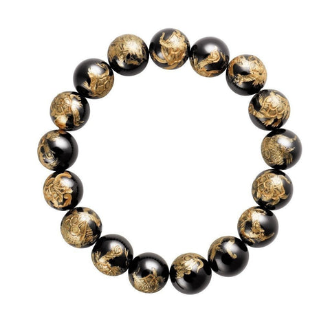 Lucky Gold Turtle Carved on Black Agate Expanding Bracelet - Franki Baker Jewellery