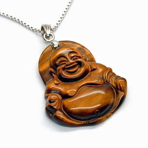 Lucky Tiger's Eye Buddha Pendant on Strong Sterling Silver Box Chain - Franki Baker Jewellery