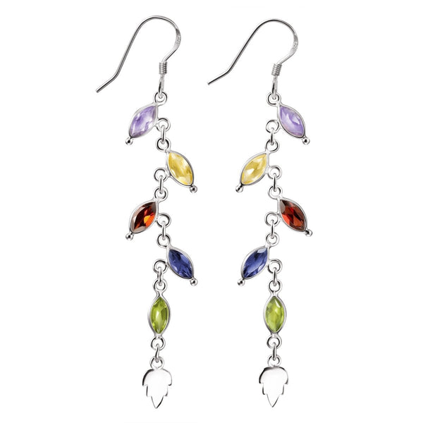 Multi Gemstone and Silver Chain Drop Leaf Earrings - Franki Baker Jewellery