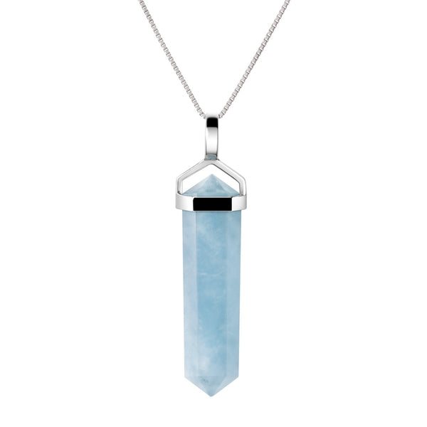 Natural Aquamarine Gemstone Double Point Pendant Necklace on 925 Sterling Silver Box Chain.